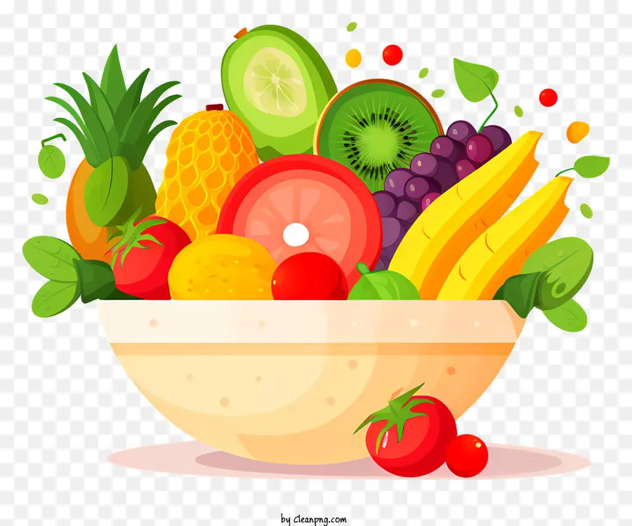 Bowl -Früchte Bananen Orangen Äpfel - Farbenfrohe, frische Schüssel mit Obst und Gemüse, reif und nahrhaft