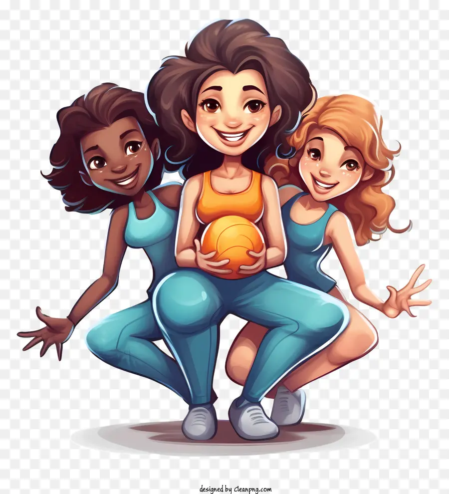 Basketballteaminnen Basketballspieler Basketballuniformen Sportfotografie Frauen Sportler - Drei junge Frauen in Basketballuniformen lächeln und halten einen Ball