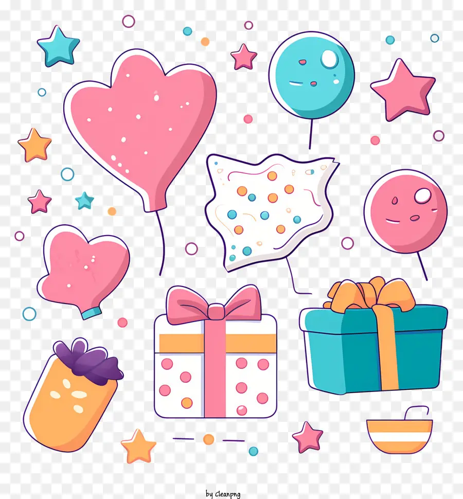 rosa Ballon - Bunte festliche Geschenke wie Ballon, Schachtel und Star in Cluster