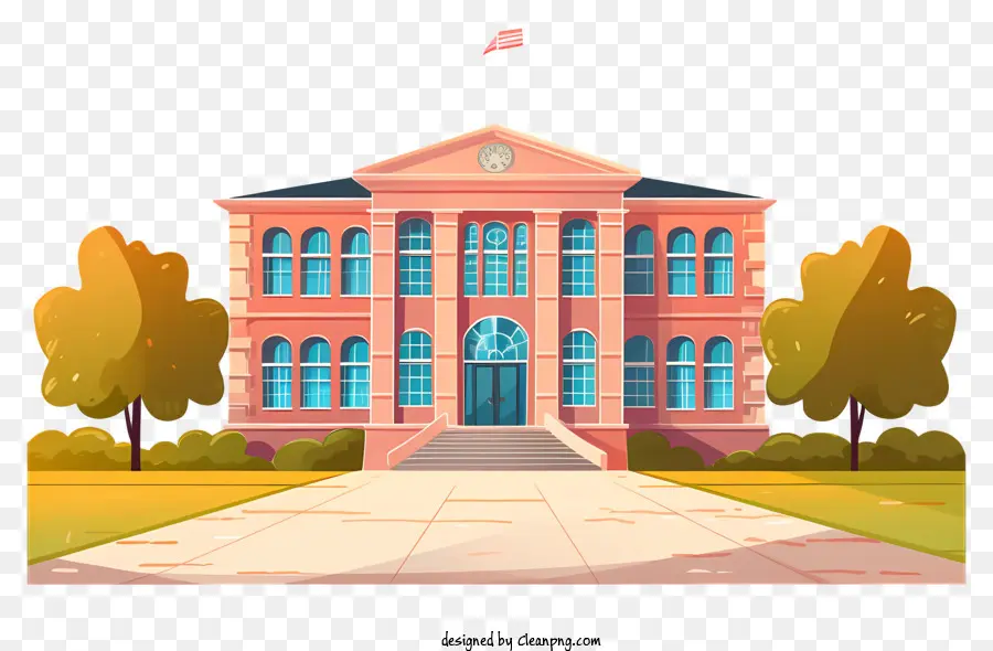 pink building 3-story building large building red brick facade white trim