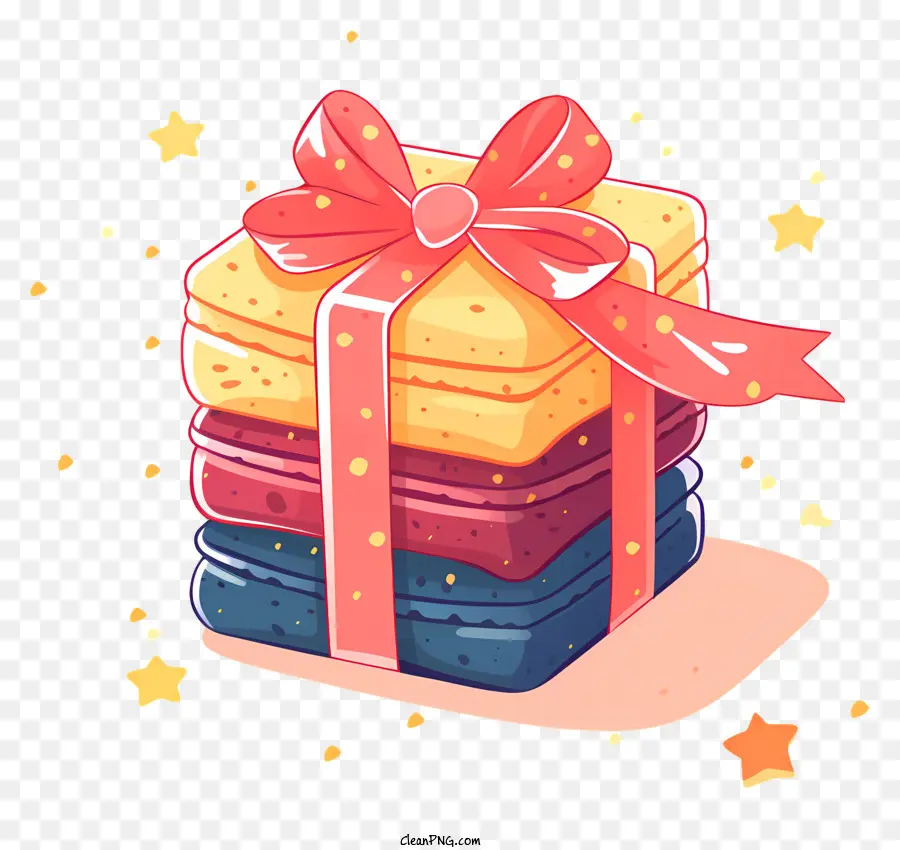 Pfannkuchen farbenfrohe Pfannkuchen Pfannkuchen -Stapel roter Bogenweißplatte - Bunte Pfannkuchen mit Bögen, Sternen und Konfetti auf schwarzem Hintergrund