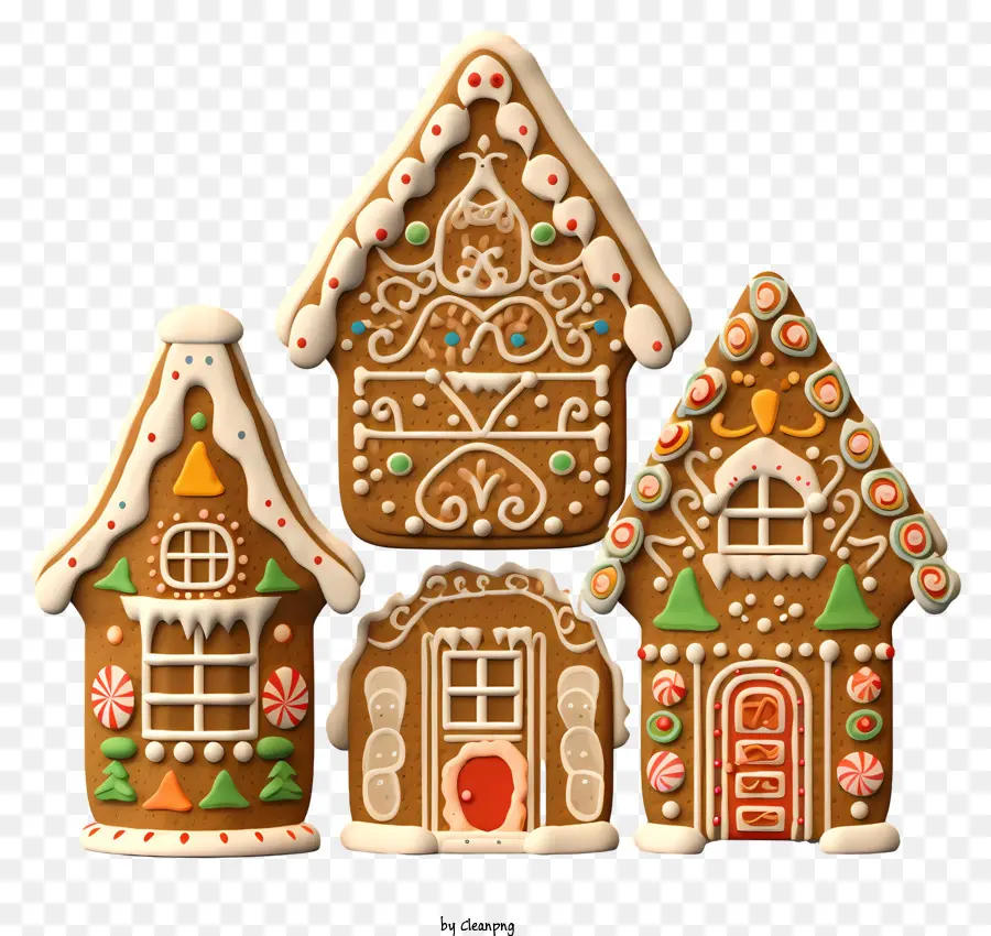 cây thông - Ba ngôi nhà bánh gừng với gậy kẹo, quả Holly, phong cảnh tuyết
