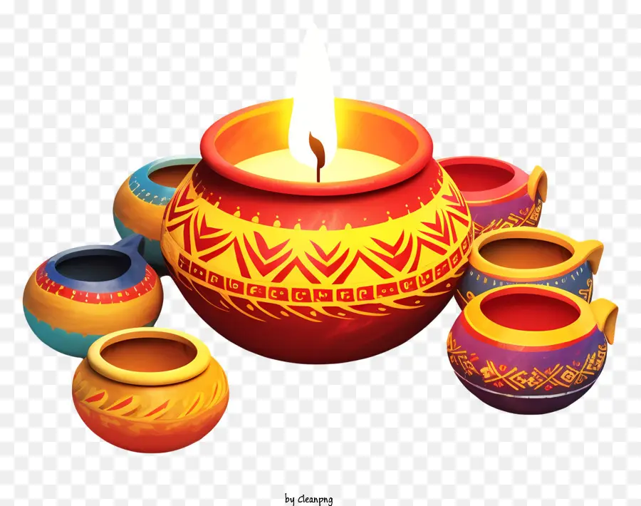 painted pot lit candle orange color black outlines painted pots