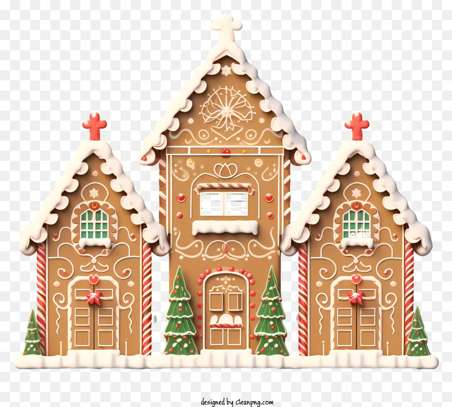 Weihnachtsdekoration - Lebkuchenhaus mit verzierten Dekorationen und schneebedeckter Landschaft