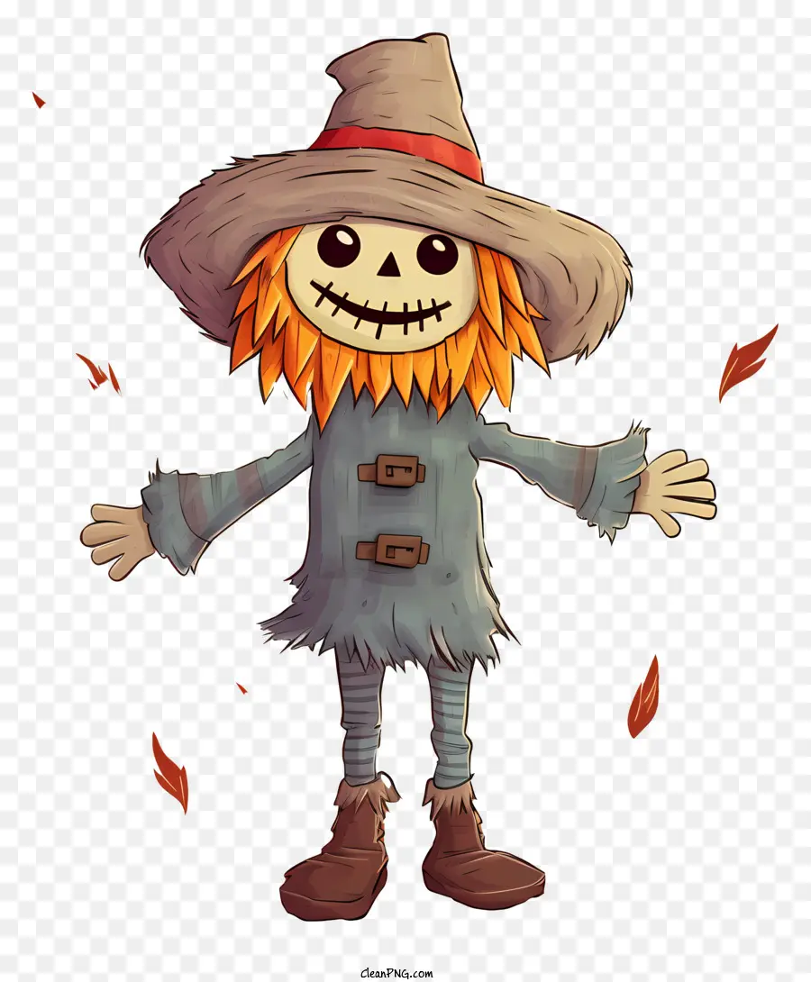 foglie cadute - Happy Cartoon Scarecrow con barba e cappello su sfondo nero