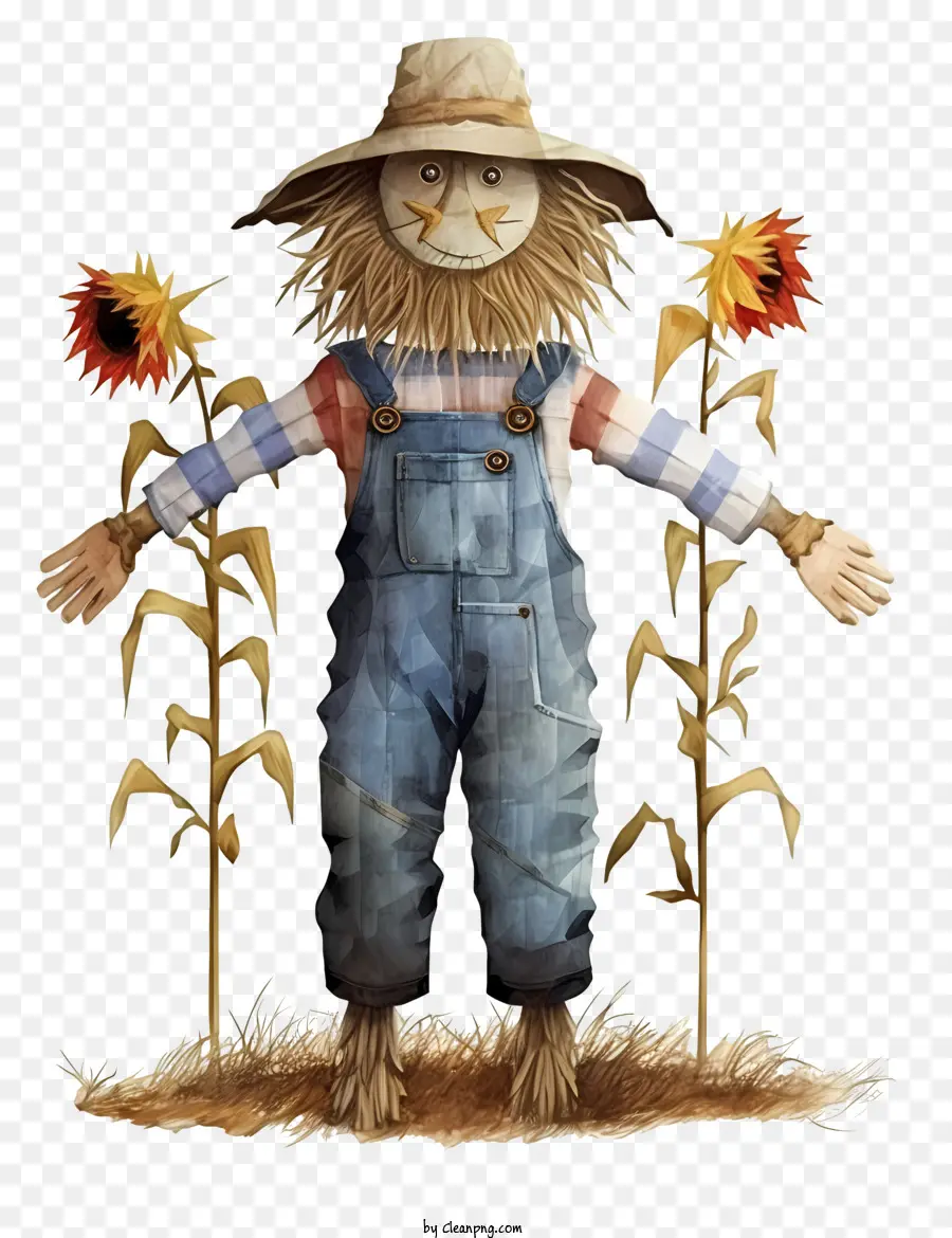 clown painting sunflower field scythe overalls straw hat