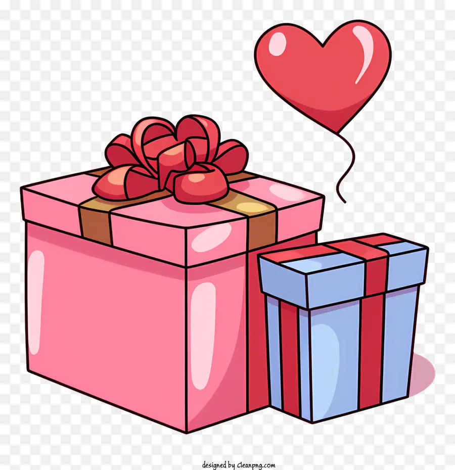 Valentinstag - Rosa und rote Geschenke mit Schleifen, herzförmiger Ballon auf schwarzem Hintergrund