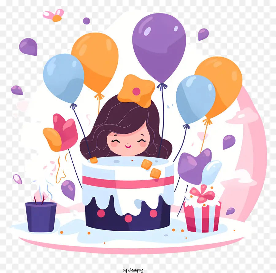 Bánh sinh nhật - Một nhân vật hoạt hình ngồi trên một chiếc bánh sinh nhật với bóng bay
