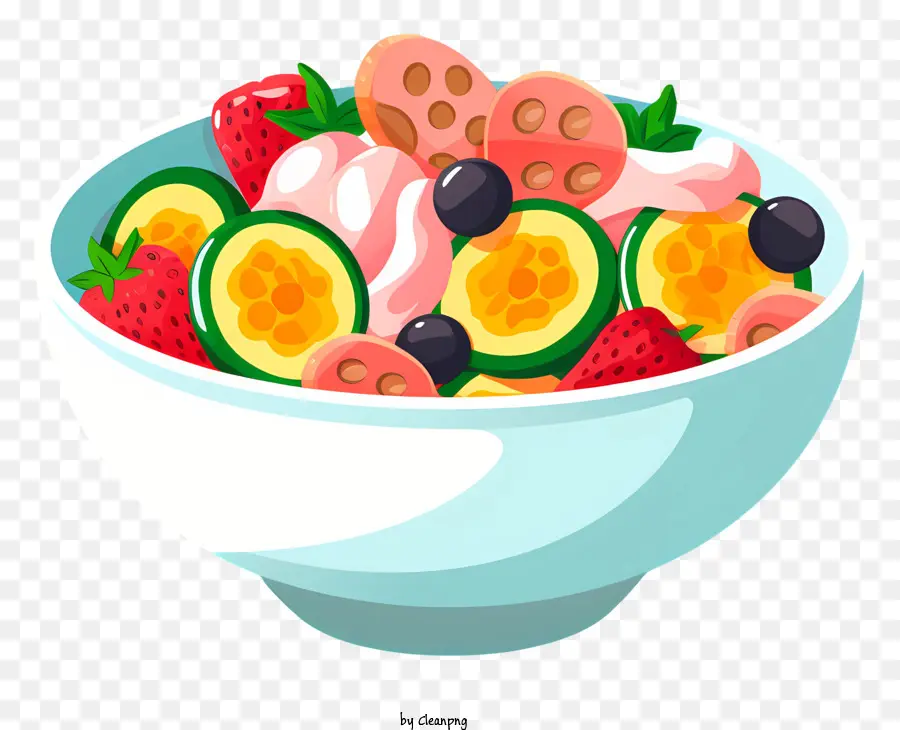sfondo bianco - Insalata di frutta con fragole, mirtilli, kiwi su sfondo bianco