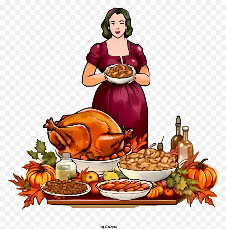 Thanksgiving dinner - Frau im roten Kleid mit Tisch des Essens