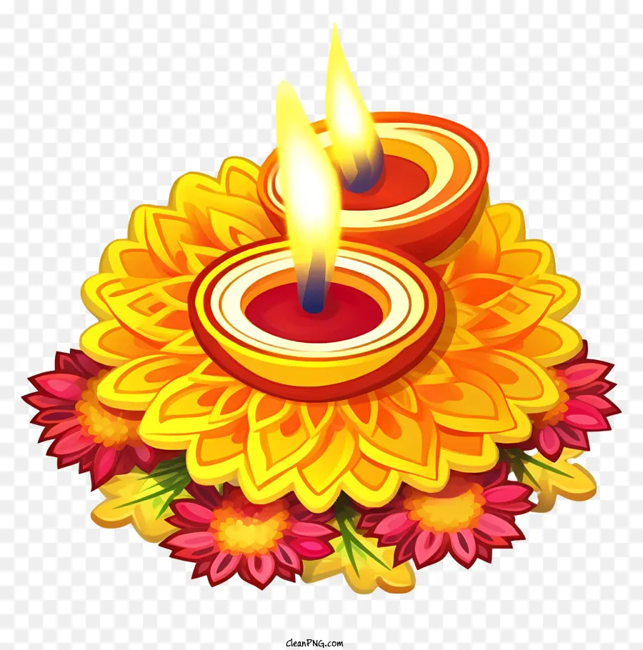 Diya -Lampen Vase voller Blumen bunte Blumen Wachs Diyas Flammen - Diya -Lampen, umgeben von farbenfrohen Blumen und dunklem Hintergrund