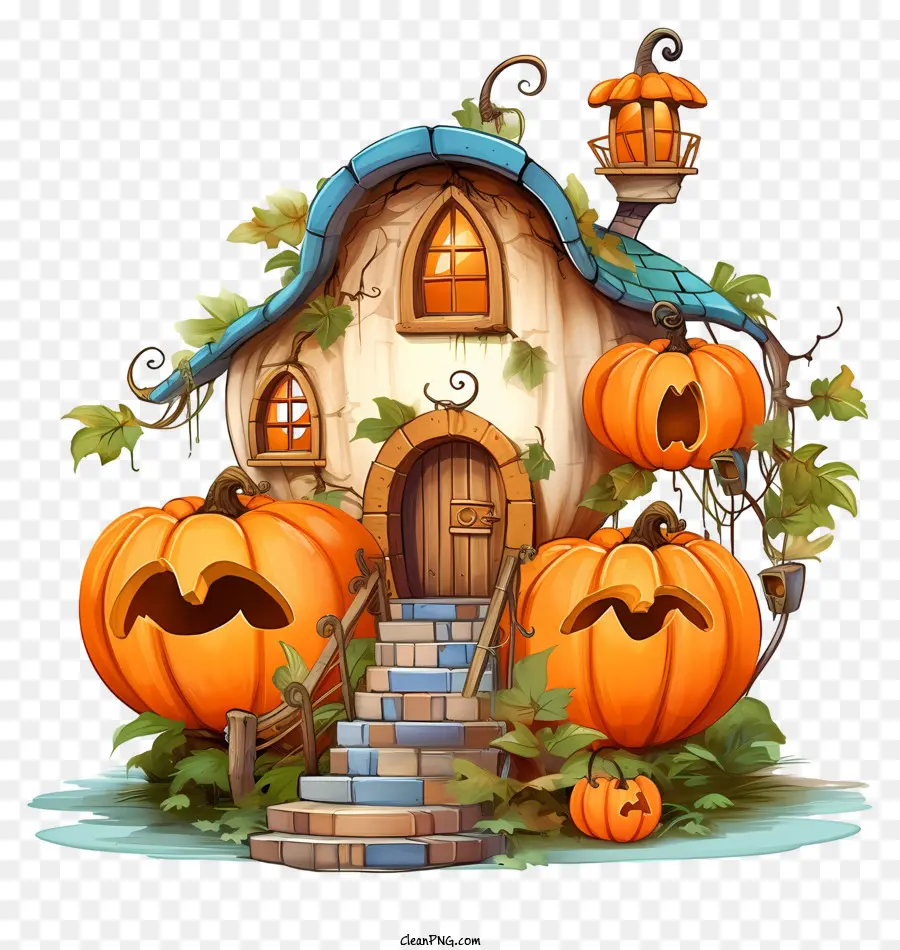 pumpkin-themed house carved pumpkins halloween home roof decorations wooden house