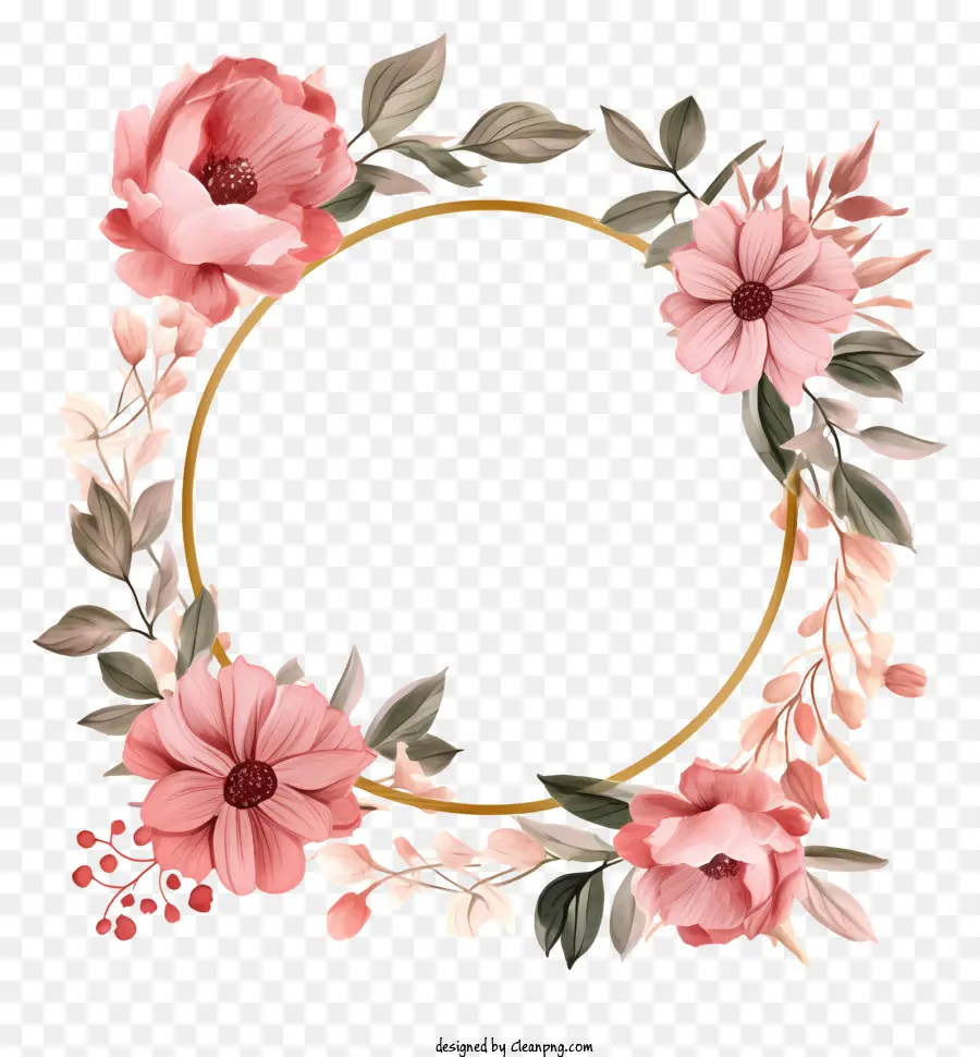 pink flowers wreath black background circular shape floral arrangement