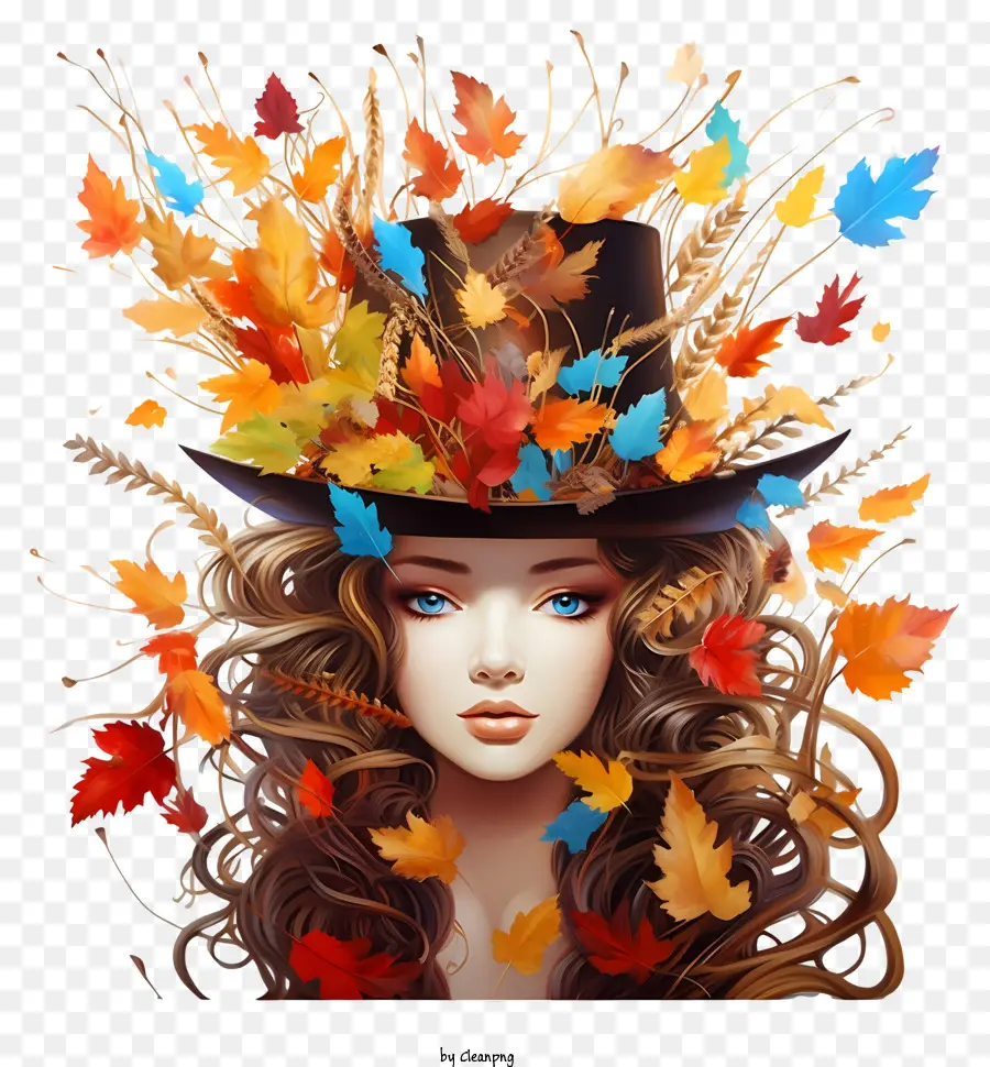 Rotes Band - Frau mit schwarzem Hut und blonden Haaren, die Blätter im goldenen Herbstfeld halten