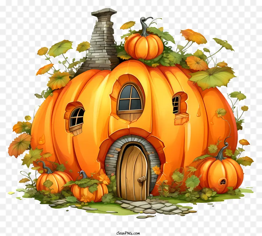Kürbis-förmige Haus Herbstatmosphäre gemütliche Heimlaubbüsche - Kürbishaus umgeben von Herbstlaub umgeben