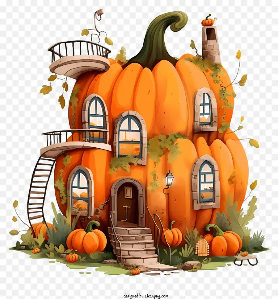 pumpkin house sloping roof two storeys arched entry door windows