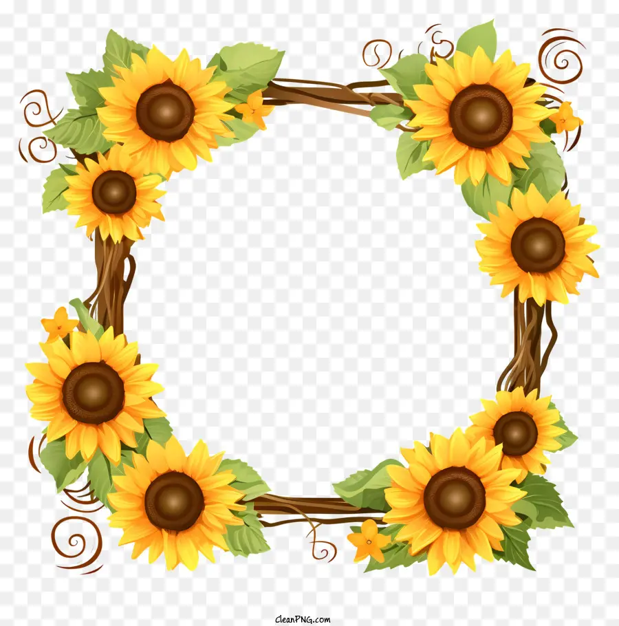 Sonnenblumenkranz gelbe Sonnenblumen kreisförmige Kranzblätter und Weinblätter reben - Sonnenblumenkranz mit Blättern und Reben auf Schwarz
