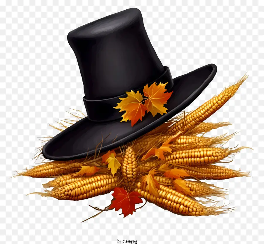 Ringraziamento Immagine di auguri di auguri di mais Harvest Fall Season Cornucopia - Immagine del Ringraziamento con cappello, mais, foglie e ghiande