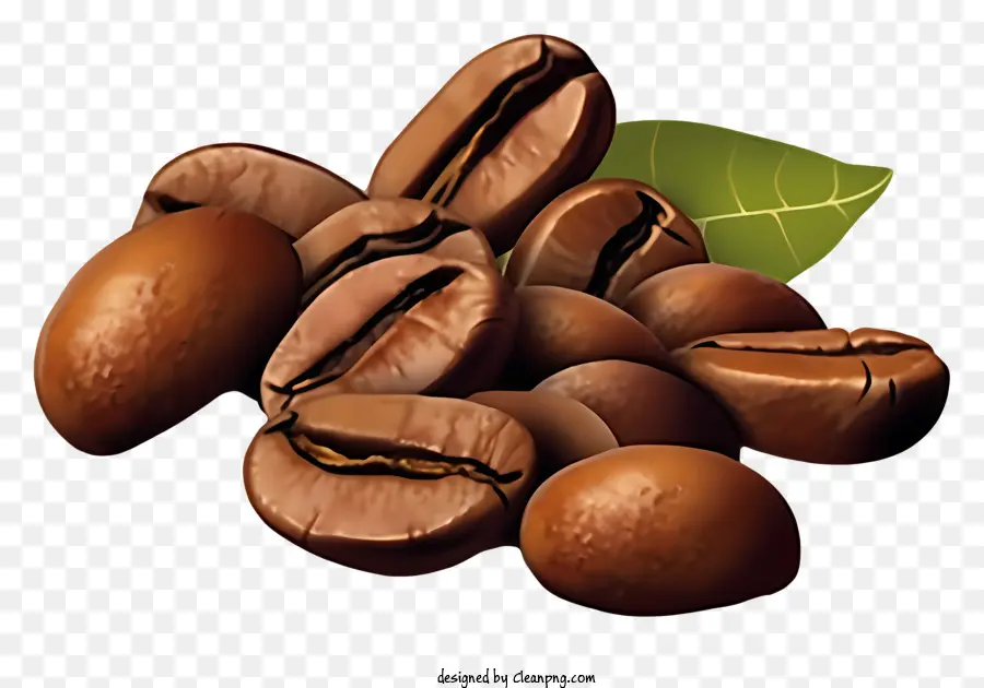 Kaffeebohnen - Braune Kaffeebohnen stapeln mit grünem Blatt