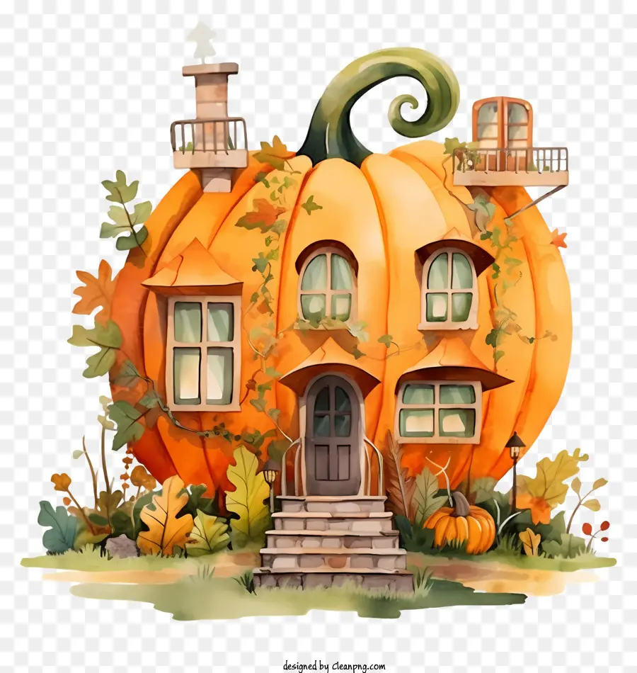 phù thủy - Bức tranh màu nước của ngôi nhà có chủ đề Halloween lớn với đồ trang trí