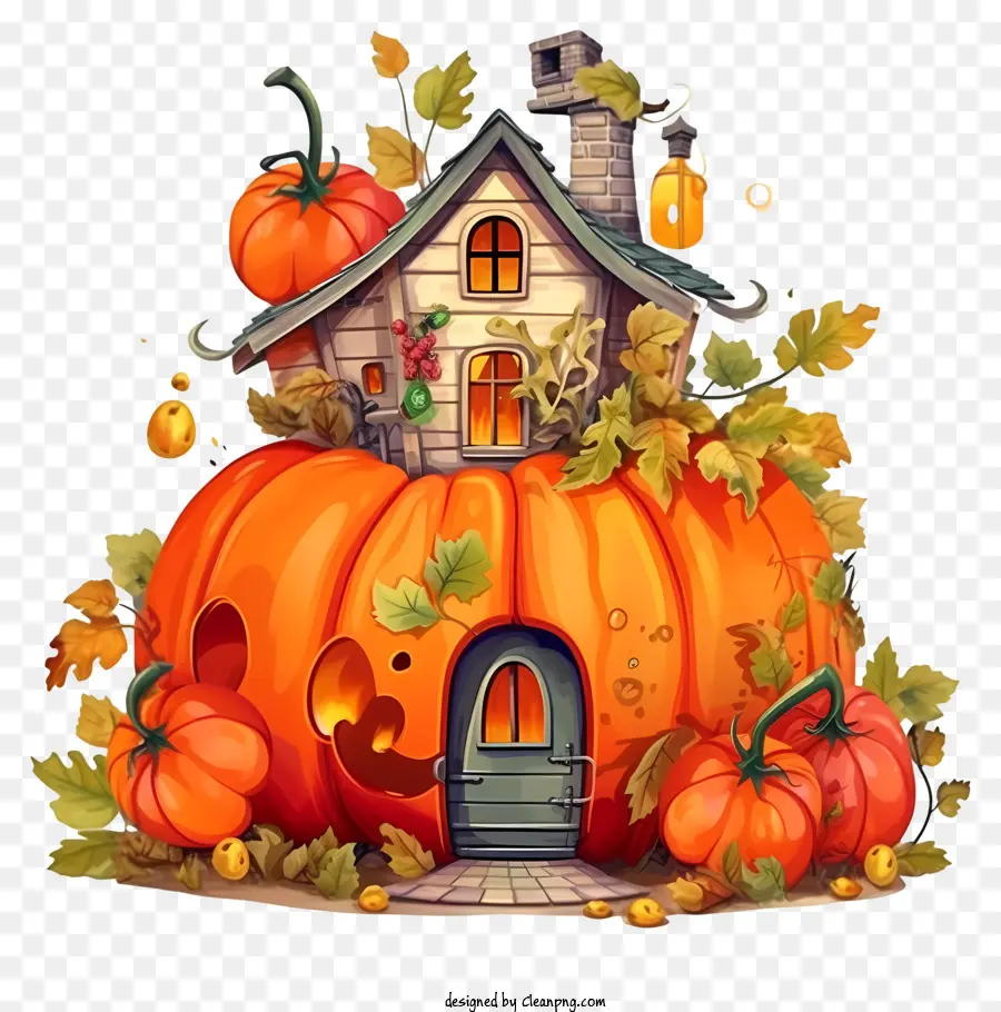 Kürbiszeichnung Herbstszene Cosy Kürbishaus geschnitzte Kürbisse Herbstgefühl - Kürbishaus umgeben von einer gemütlichen Herbstszene