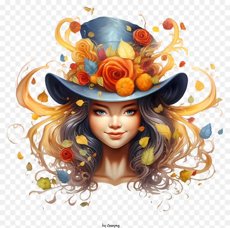 Girl in Black Hat Blu Dress Blue Roses Black Sfondo Black Capelli Auburn - Ragazza con cappello nero e abito blu circondato da rose