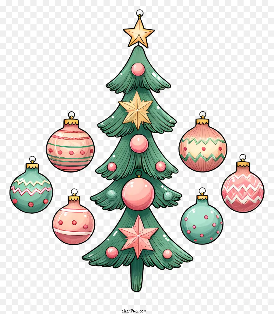 decorazioni per albero di natale - Albero di Natale adornato con ornamenti di vetro, fiocchi e candele