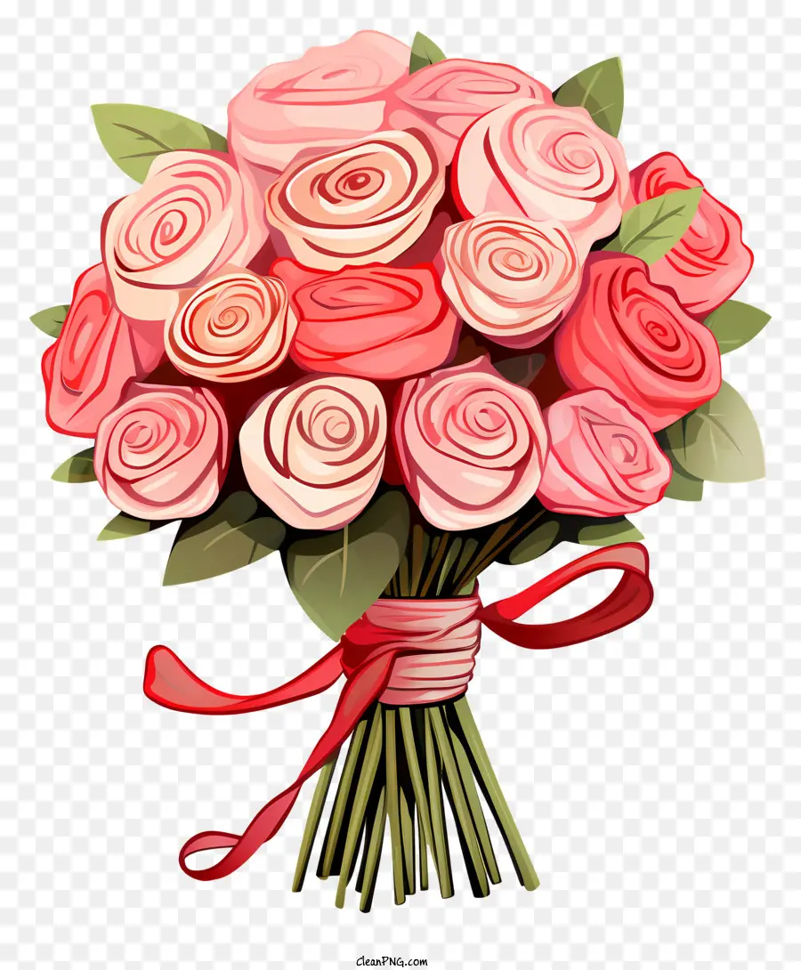 bouquet of pink roses vase red bow cascading style darker color