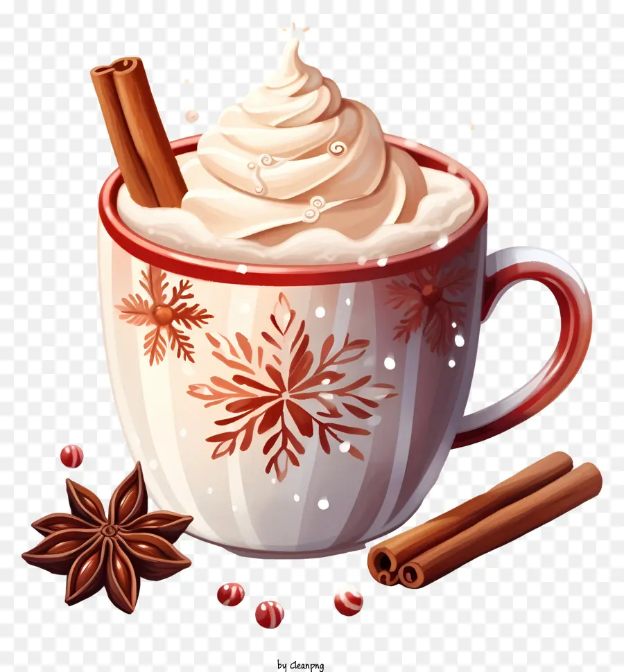 hot cocoa whipped cream cinnamon sticks cup white with brown rim