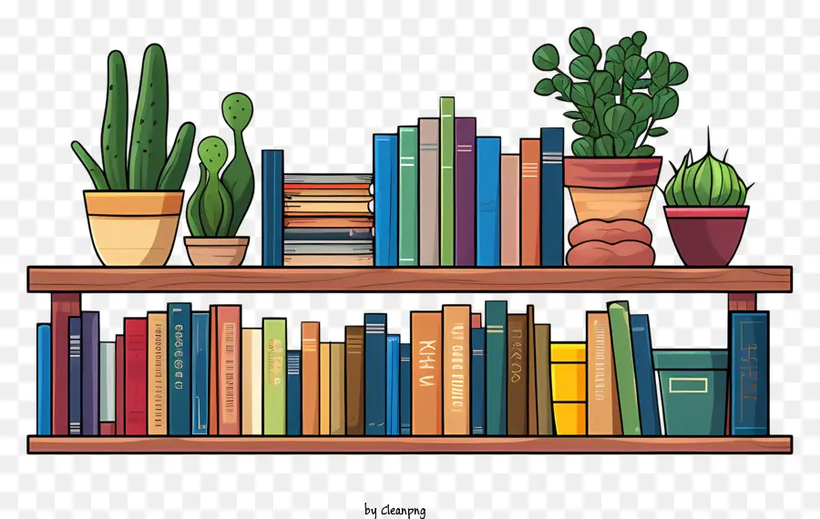 Kaktus - Realistisches Bücherregal mit Büchern, Pflanzen; 
Genaue Farben