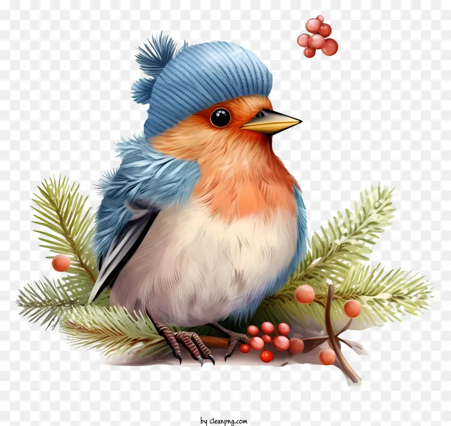 ramo di albero - Il piccolo uccello indossa un cappello blu, arroccato sul ramo