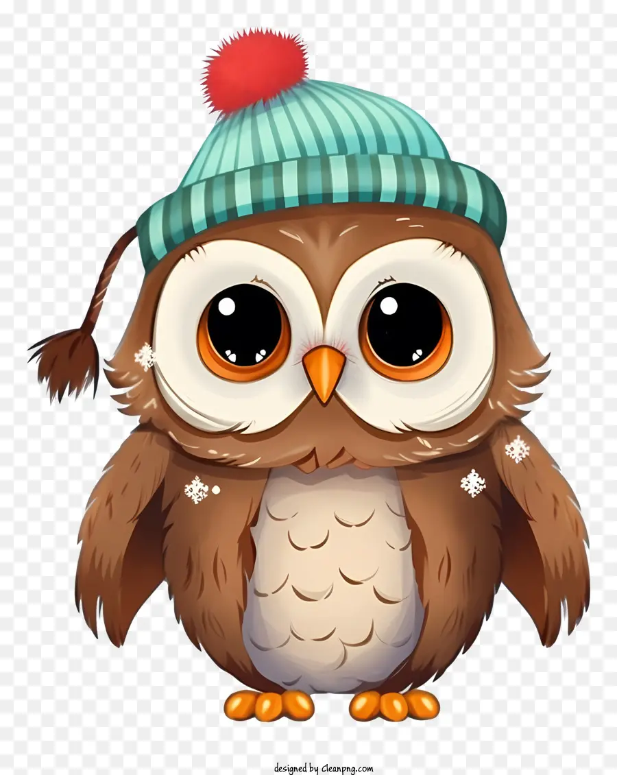 cute owl beanie cap happy expression blue sweater white patches