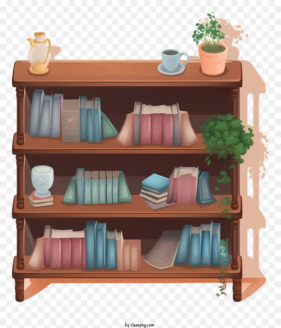 wooden bookshelf books potted plants furniture home decor