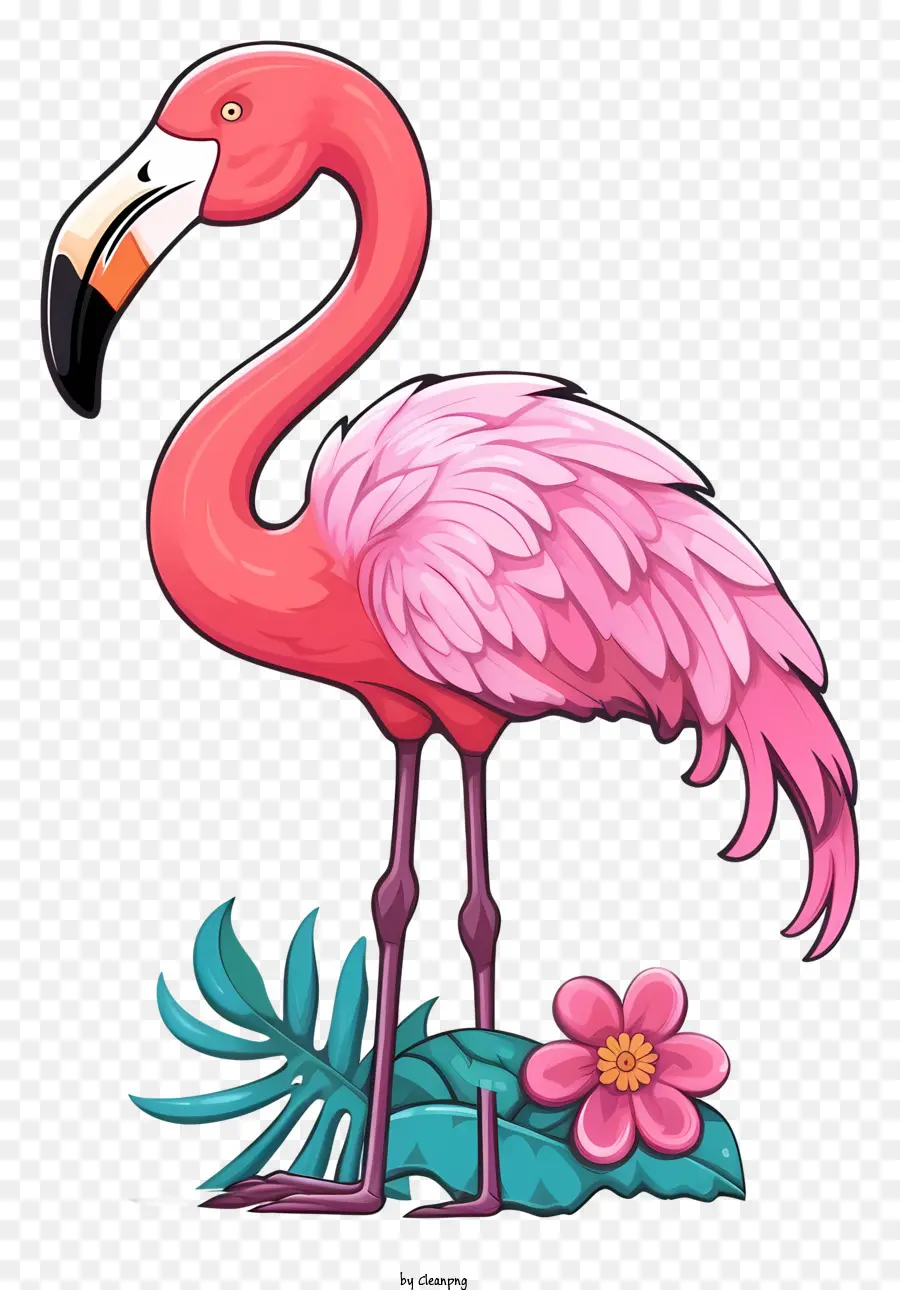 Pink Flamingo - Rosa Flamingo mit grünen Federn und weißen Augen, auf schwarzem Hintergrund zwischen grünen Blättern und Blüten; 
vielseitiges Image für Werbung, Veranstaltungen, Bildung