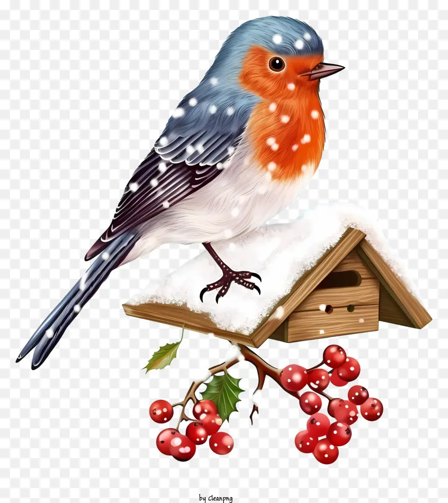 Chim Robin Birdhouse Snow Red Berry - Chim trên nhà chim phủ đầy tuyết với quả mọng đỏ