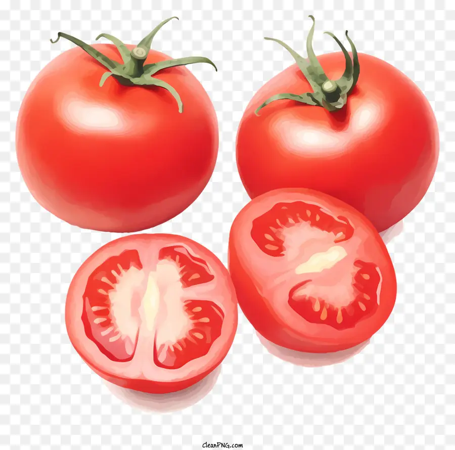 Reife Tomaten Tomatenscheiben ganze Tomaten rote Tomaten bereit, Tomaten zu essen - Drei reife, rote Tomaten, geschnitten und ganz