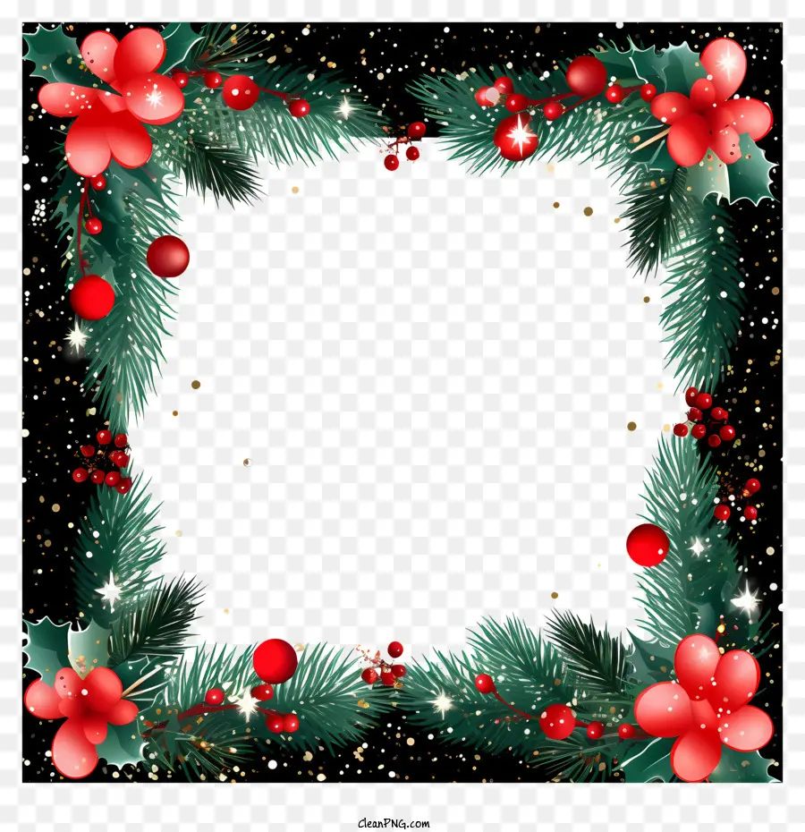 Weihnachten frame - Weihnachtsrahmen mit grünen Zweigen, roten Beeren und Bändern