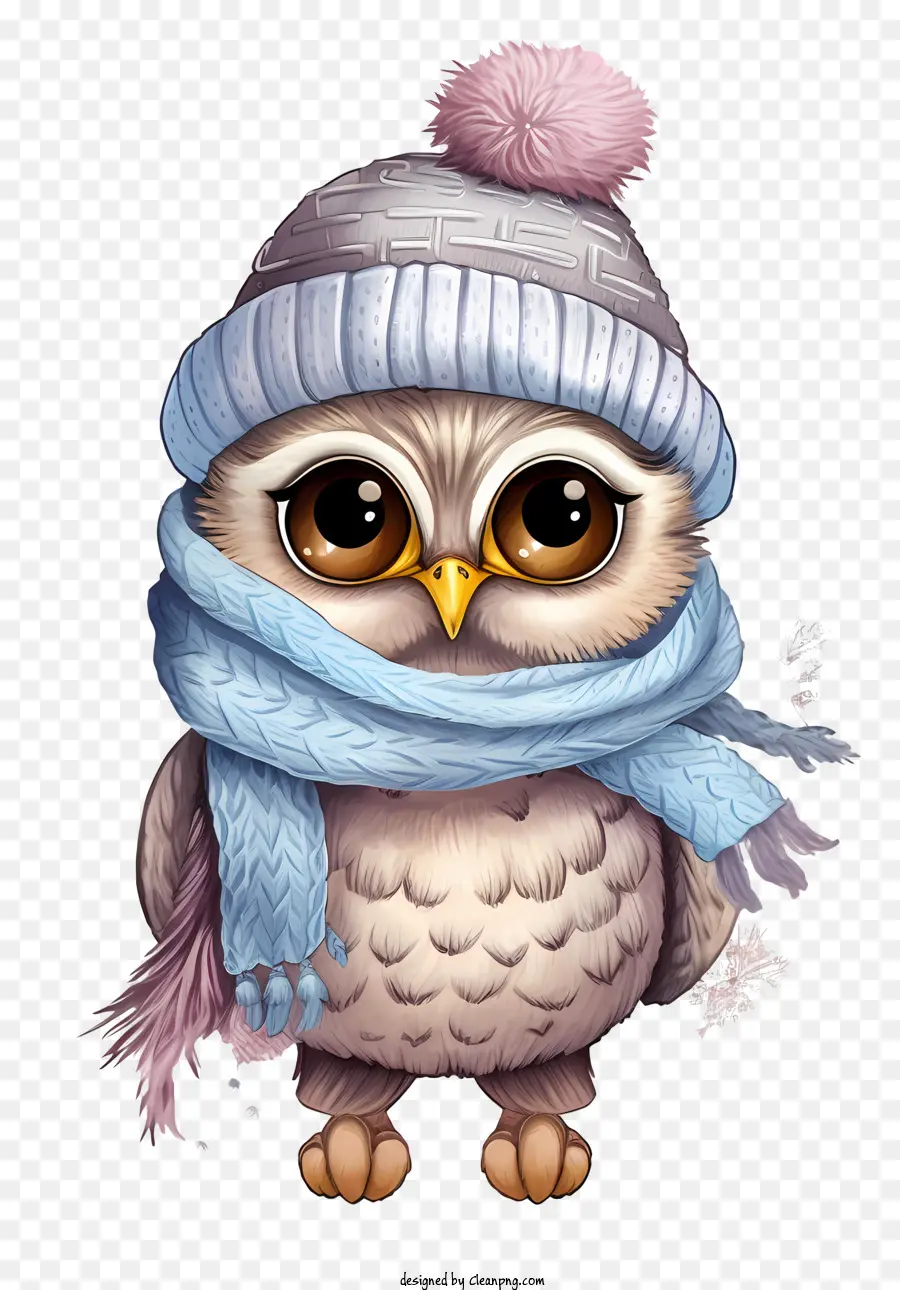 cute owl blue knitted hat brown scarf cartoon owl dark background