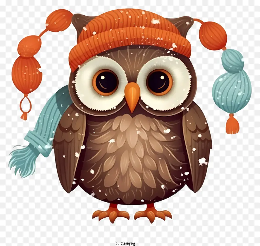 Valuta arrotondata della sciarpa con cappuccio a maglia con gufo cartone animato - Owl da cartone animato che indossa abbigliamento invernale e sembra amichevole