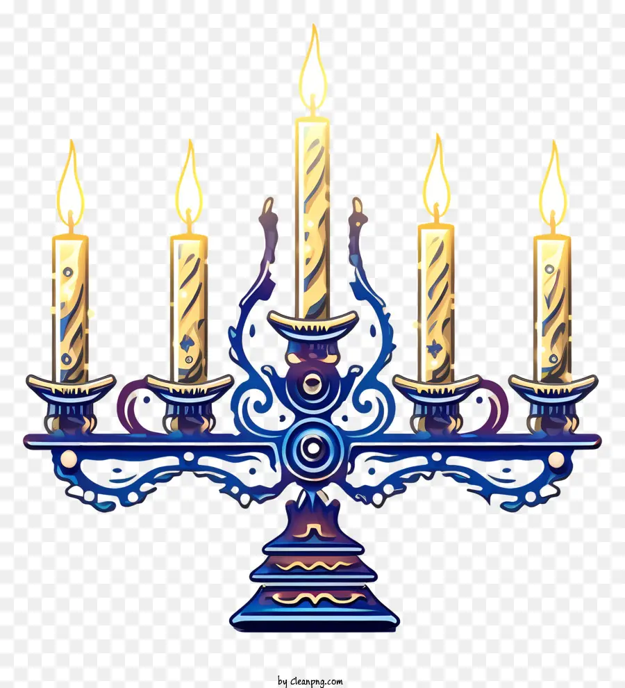 Candelabra Kerzen brennen Kerzen Blau und Gold Candelabra Dekorative Candelabra - Fünf beleuchtete Kerzen auf einem dekorativen Kandelabra