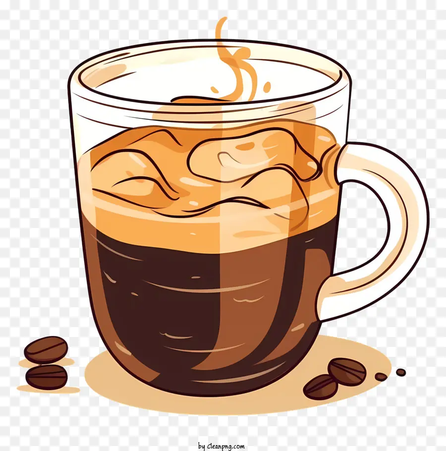 Kaffeebohnen - Kaffeetasse mit Schaum, Verschüttungen, Bohnen; 
2D -Bild