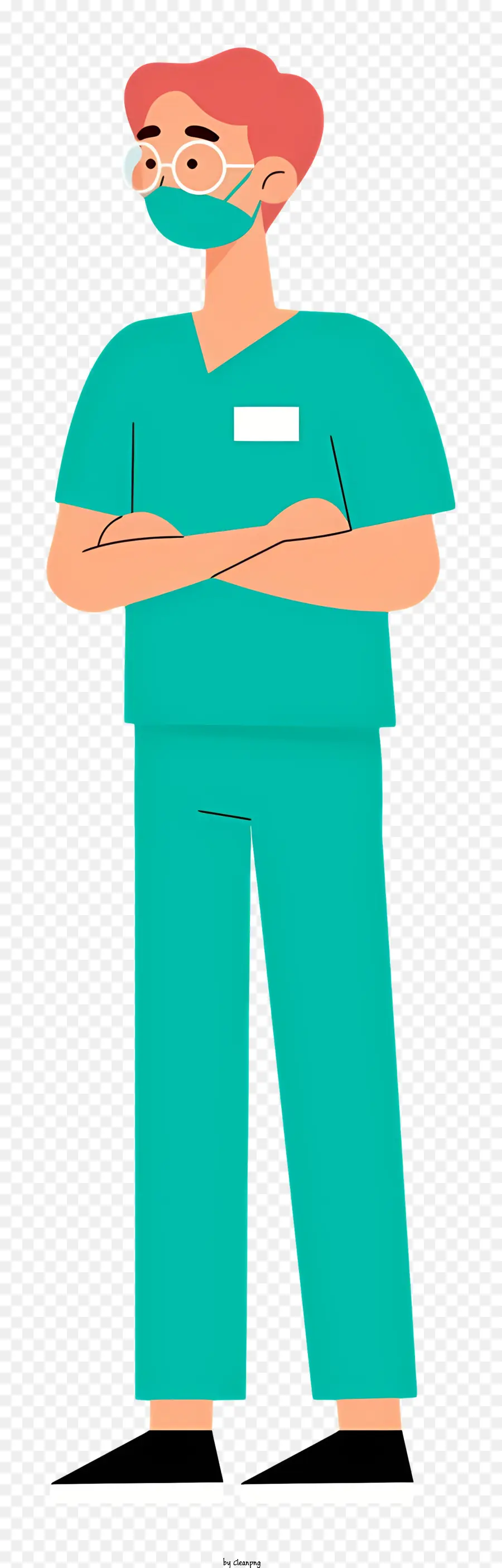 Cartoon Charakter Green Scrubs Chirurgische Maskenkrankenhausklinik Klinikumgebung - Cartoon -Person in Peelings mit verschränkten Armen