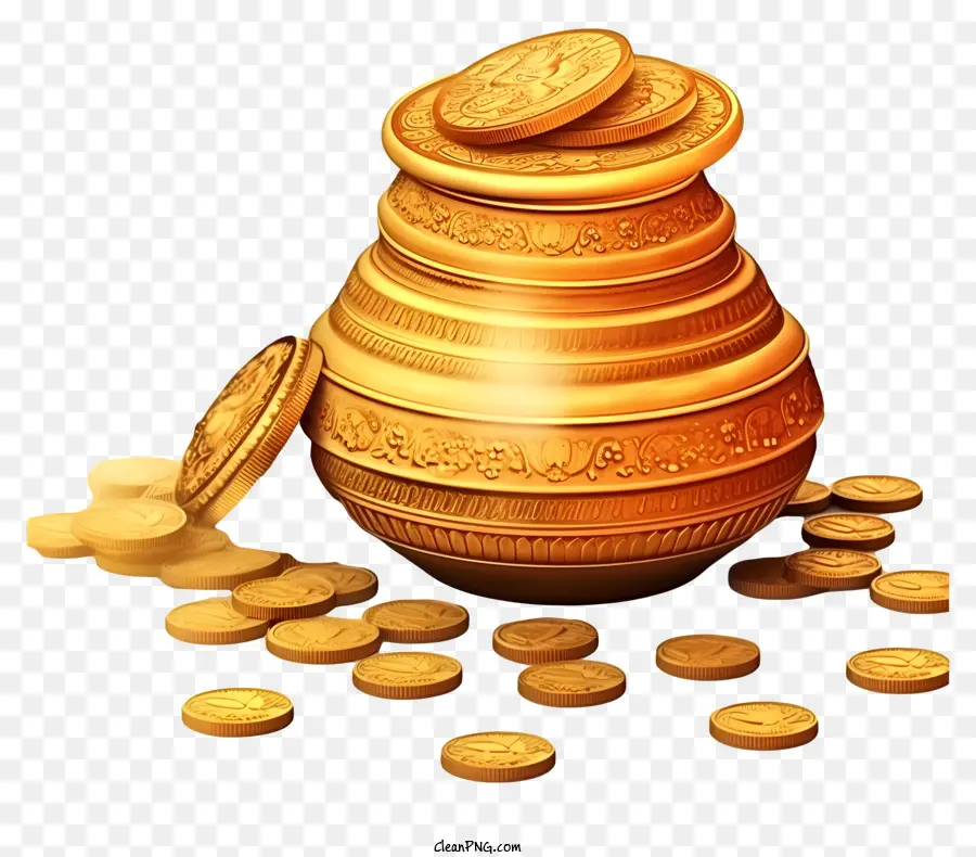 Münzglas Goldene Münzen Nahaufnahme Schuss Deckel Offene gestreutete Münzen - Nahaufnahme offener goldener Münzgläser mit verstreuten Münzen