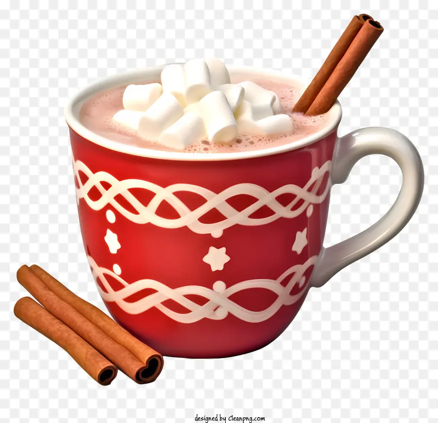 red mug whipped cream cinnamon sticks marshmallows black background