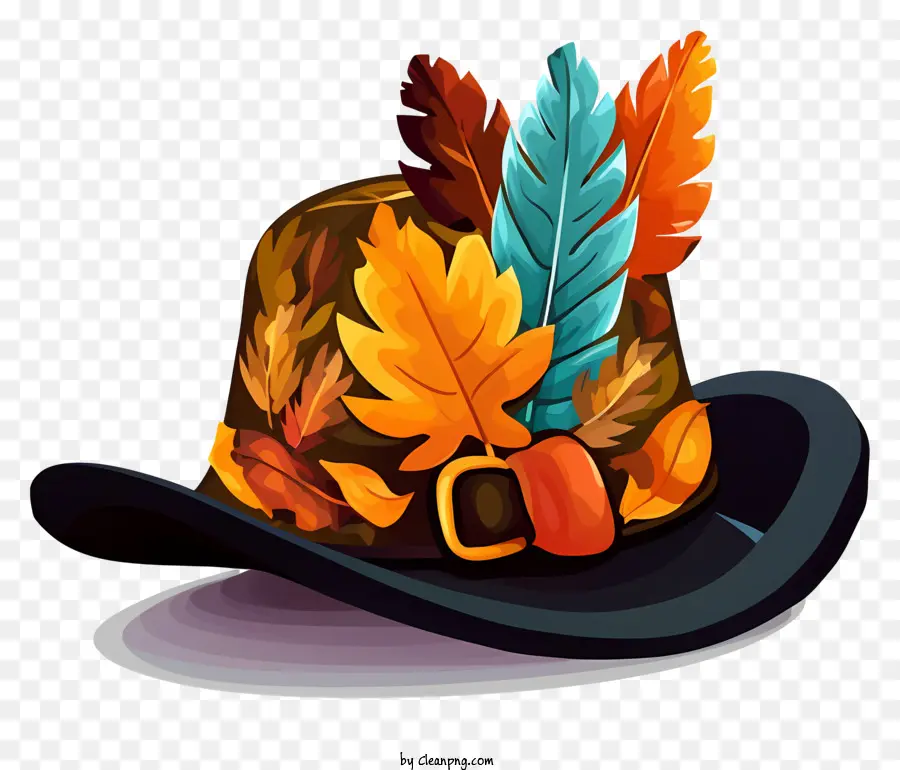 black hat yellow feather brown band leaves on brim deep color leaves