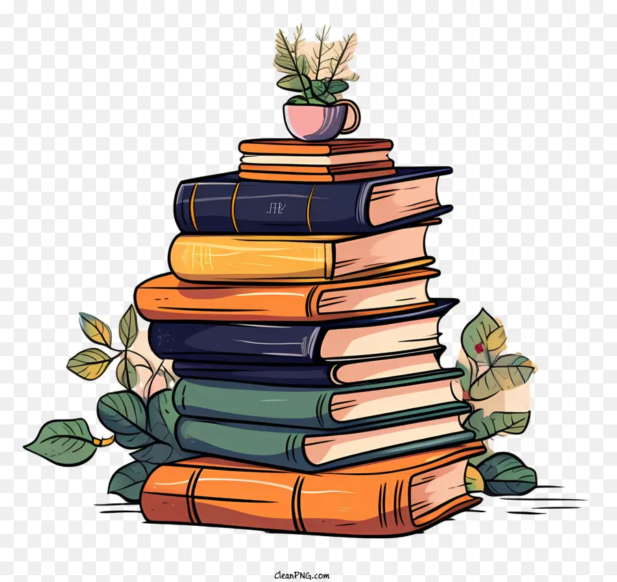 sách chậu cây có bình hoa nho - Ngăn xếp các cuốn sách với hình minh họa trong chậu cây