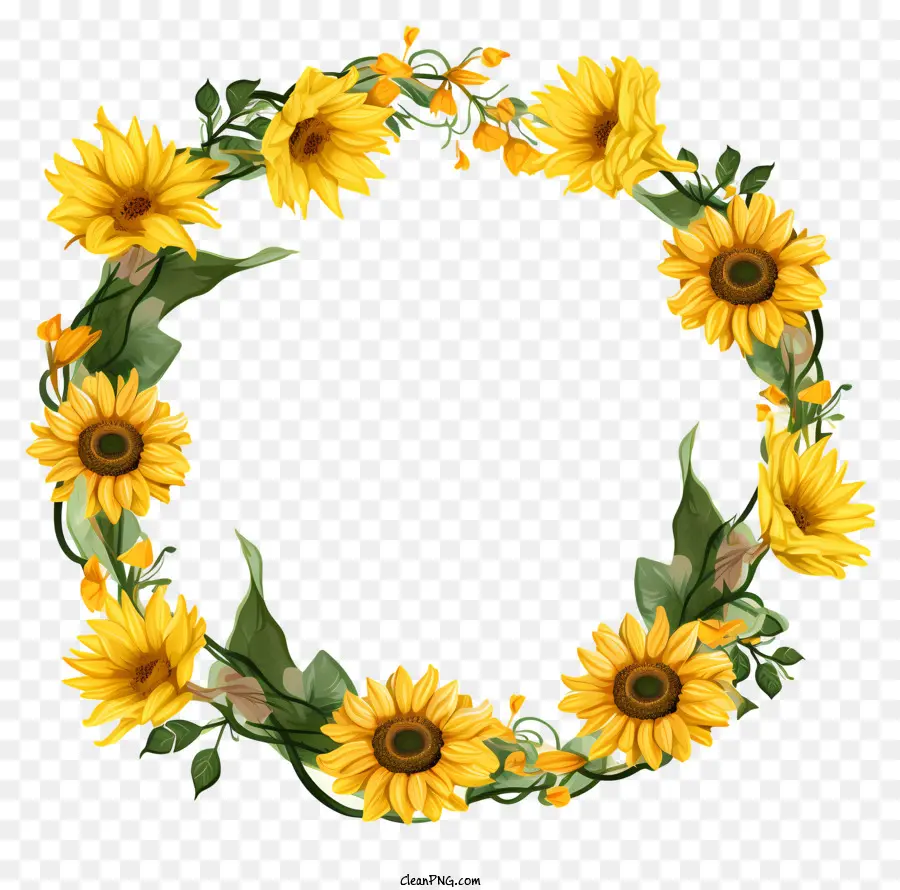 trang trí hoa - Vòng hoa hướng dương với hoa màu vàng và nền đen