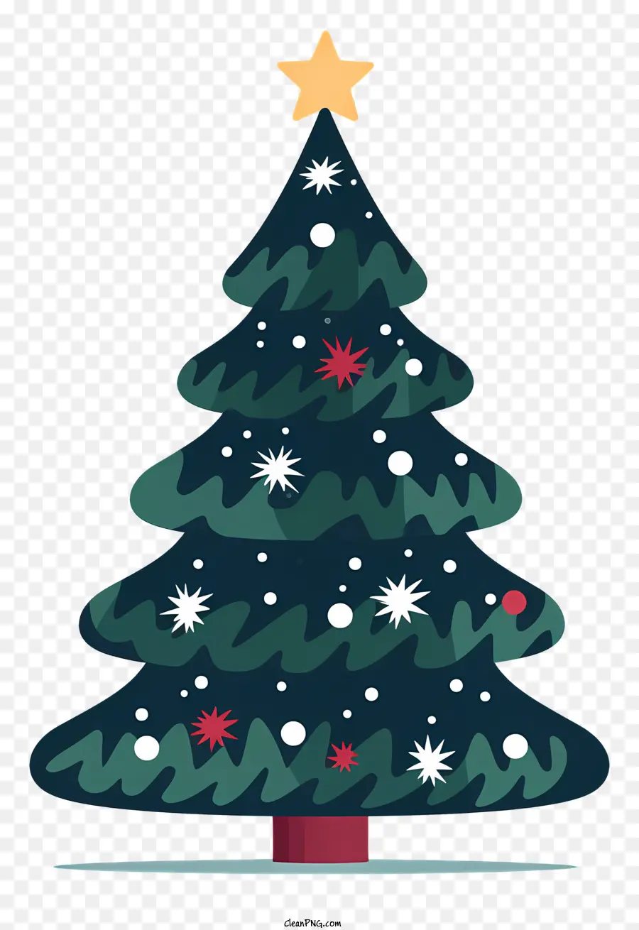 albero di natale - Ancora immagine di un albero di Natale verde con ornamenti colorati su uno sfondo nero