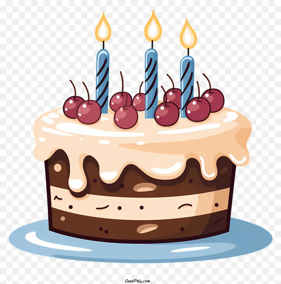Geburtstagskuchen - Kuchen mit zündigen Kerzen und Kirschen auf dem Teller