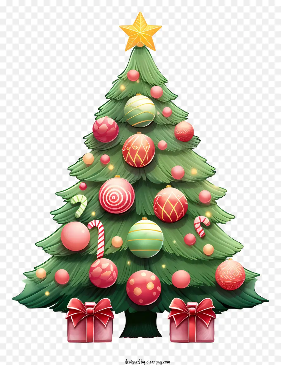 Weihnachtsbaum - Festlicher Weihnachtsbaum, der mit Dekorationen und Geschenken verziert ist